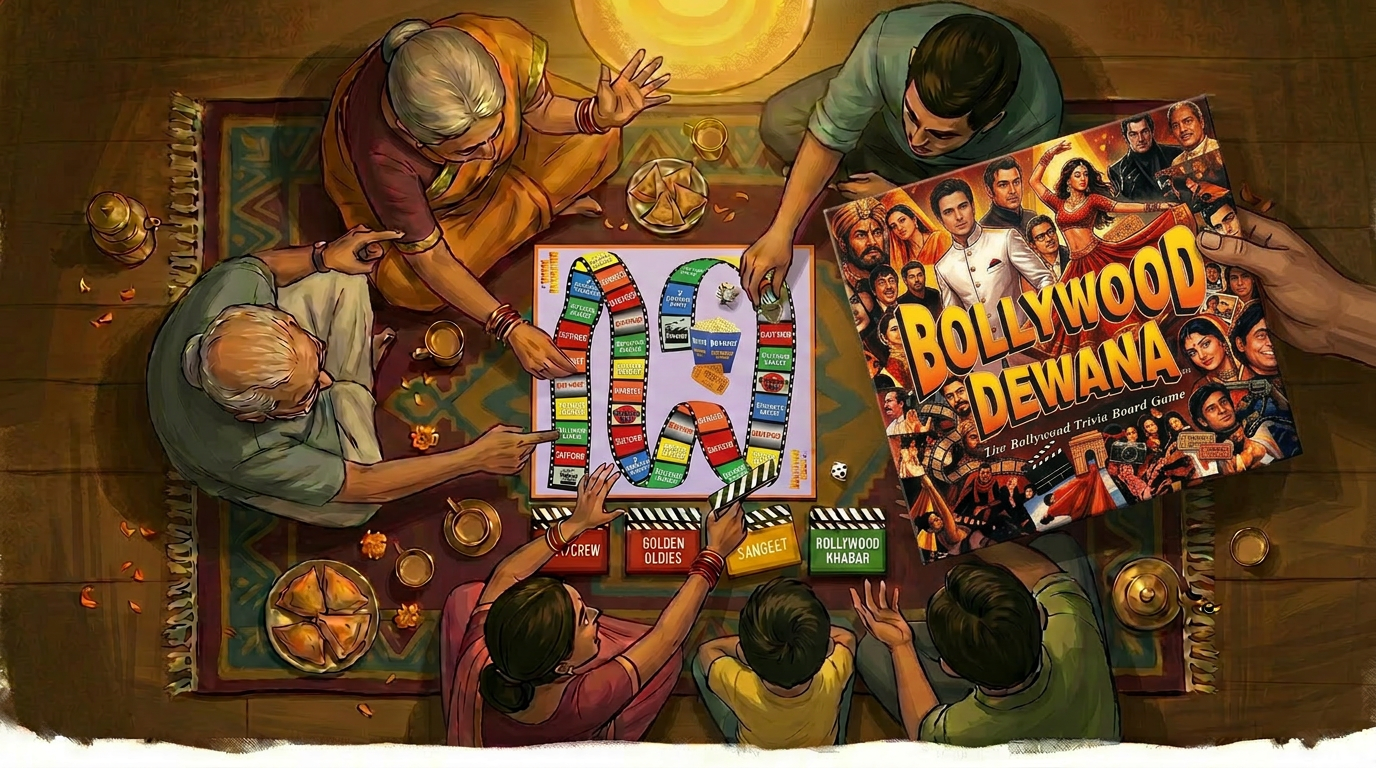 Illustrated birds-eye view of a South Asian family sitting cross-legged on a dhurrie rug playing Bollywood Dewana